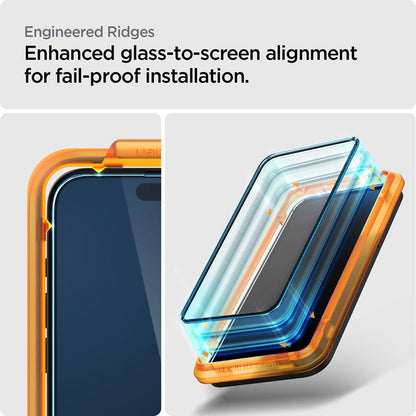 Spigen Alm Glass FC 2-Pack – Grūdintas stiklas iPhone 15 (2 vnt., juodu rėmeliu)