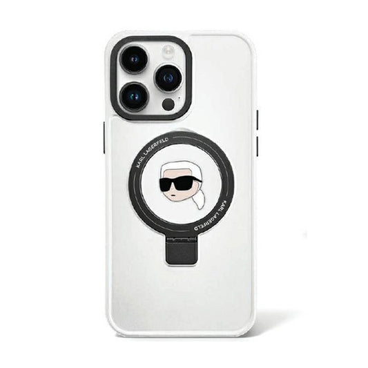 „Karl Lagerfeld Ring Stand Karl Head MagSafe“ – „iPhone 15 Pro Max“ dėklas (baltas)