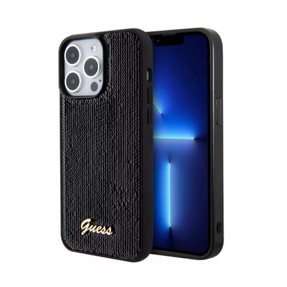 Guess Sequin Script Metal - dėklas skirtas iPhone 15 Pro (juodas)