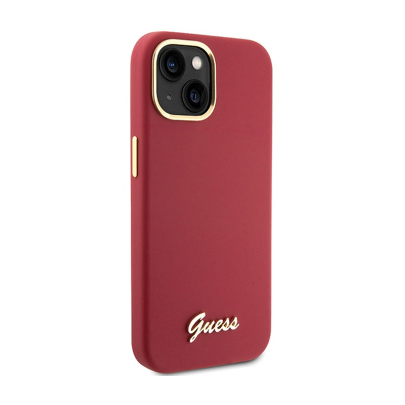 Guess Silicone Script Metal Logo & Frame - iPhone 15 dėklas (purpurinis)
