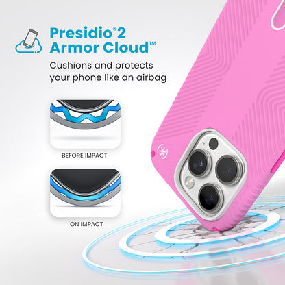 Speck Presidio2 Grip ClickLock & MagSafe – dėklas, skirtas „iPhone 16 Pro“ (tikra rožinė / ryški rožinė / balta)
