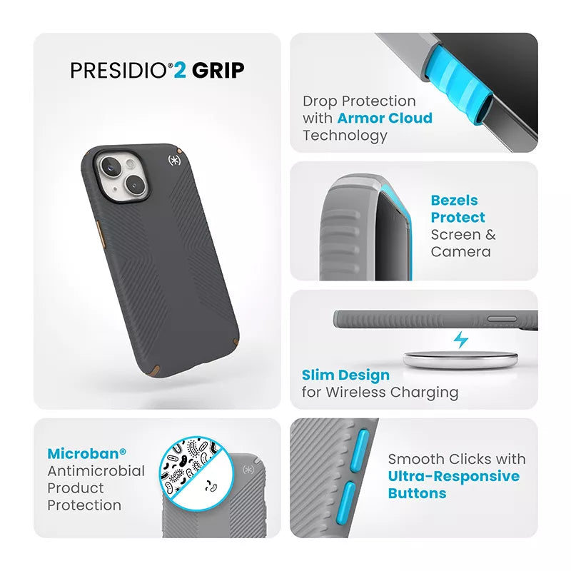 Speck Presidio2 Grip – Dėklas, skirtas iPhone 16e / iPhone 15 / iPhone 15 Pro / iPhone 14 / iPhone 14 Pro / iPhone 14 Pro Max / iPhone 13 / iPhone 13 Pro / iPhone 13 Pro Max / iPhone 13 Mini (Anglies pilkumo / Vėsios bronzos / Baltos)
