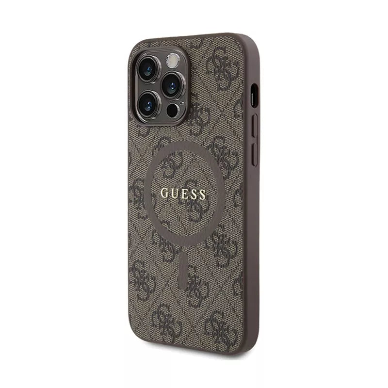 Guess 4G Collection Leather Metal Logo MagSafe - dėklas, skirtas iPhone 15 Pro Max (rudas)