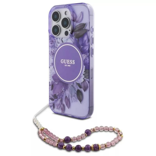 Guess IML Gėlės su perlo dirželiu MagSafe dėklas, skirtas iPhone 16 Pro (Violetinė)