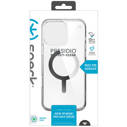 Speck Presidio Perfect-Clear MagSafe – dėklas, skirtas iPhone 16 Pro Max (skaidrus / chromo apdaila / sereno sidabras)