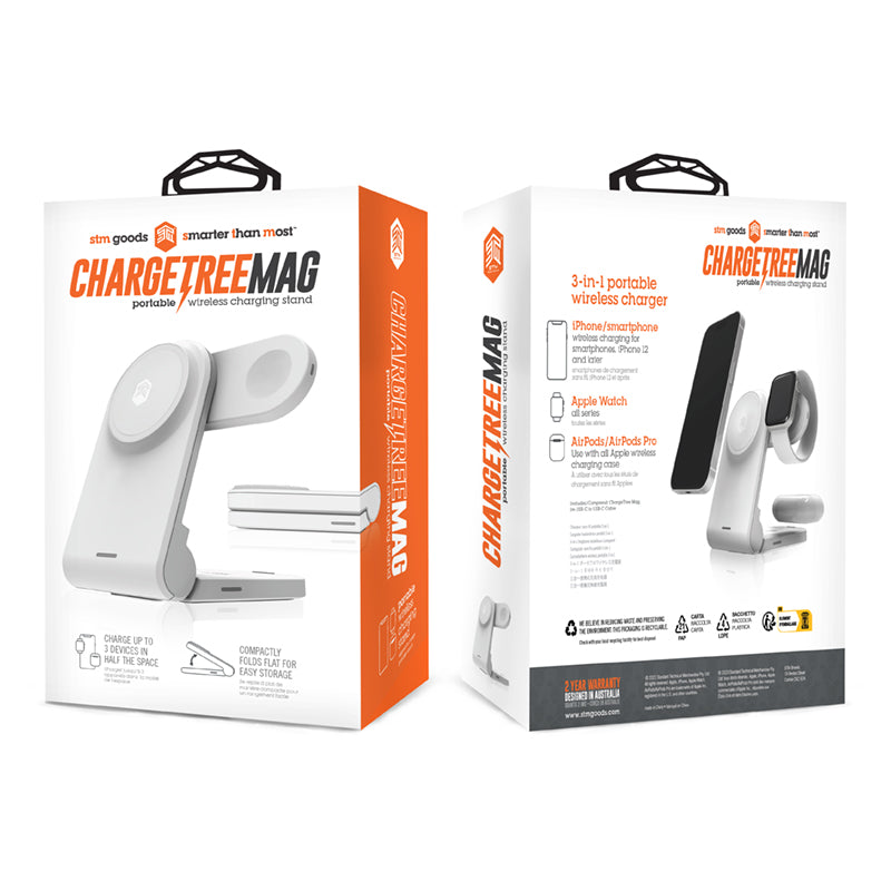 STM ChargeTree MAG – 3-in-1 mobilusis belaidis įkroviklis su MagSafe (baltas)
