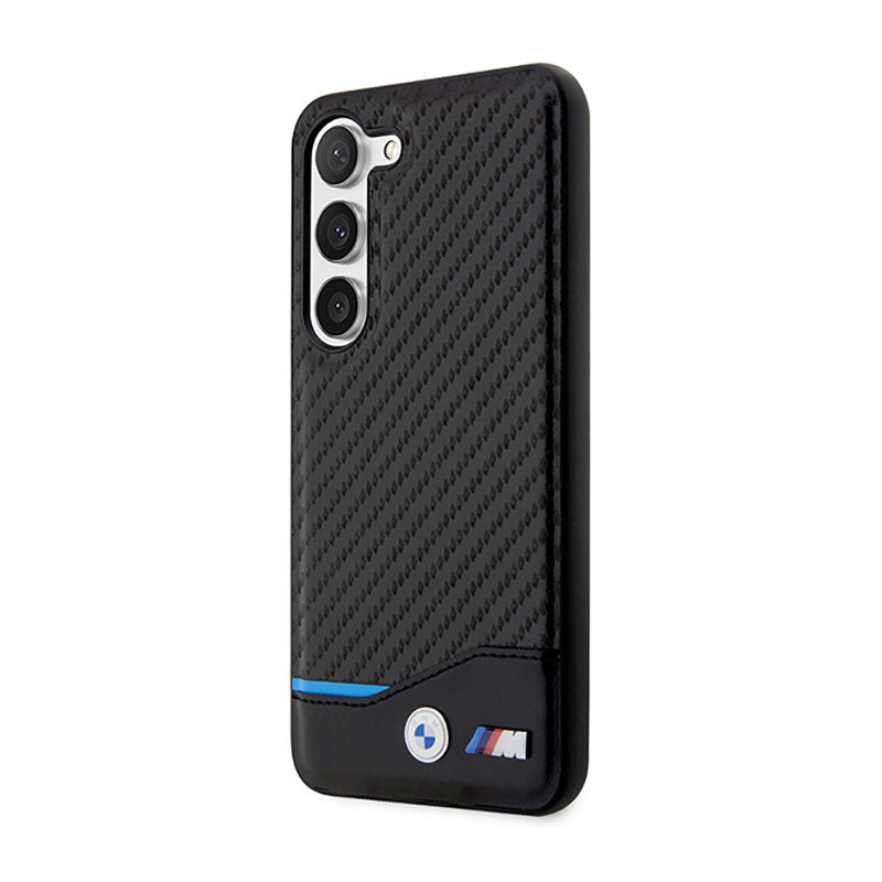 BMW Leather Carbon Blue Line – Dėklas, skirtas Samsung Galaxy S23+ (juodas)