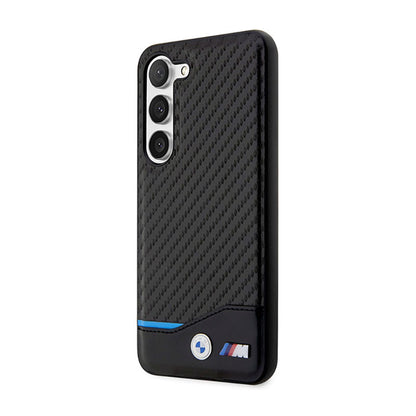 BMW Leather Carbon Blue Line – Dėklas, skirtas Samsung Galaxy S23+ (juodas)