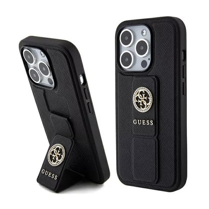 Guess Grip Stand 4G Saffiano Strass Logo – „iPhone 15 Pro“ dėklas (juodas)