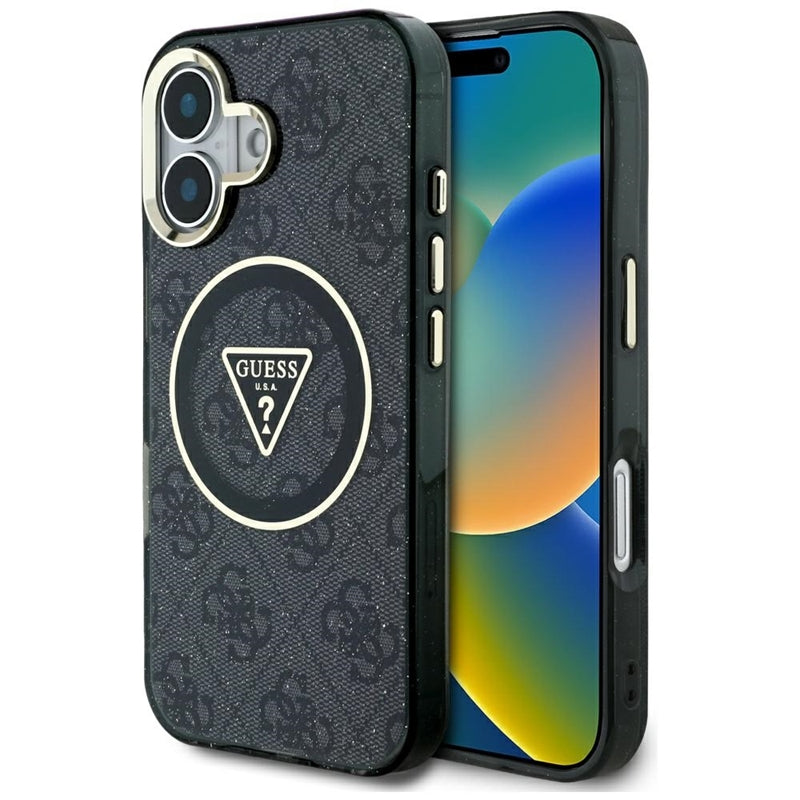 Guess IML Metal Glitter 4G Circle Triangle MagSafe – dėklas iPhone 16 (juodas)