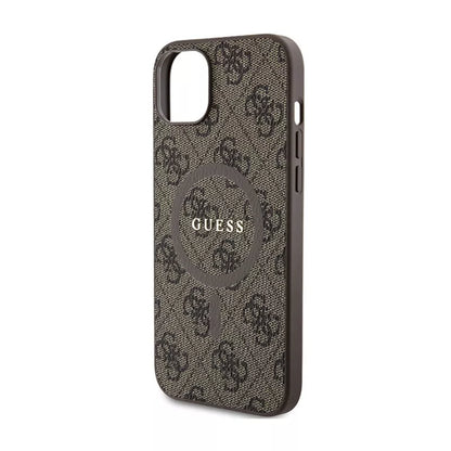 Guess 4G Collection Leather Metal Logo MagSafe – dėklas iPhone 15/14/13 (ruda)