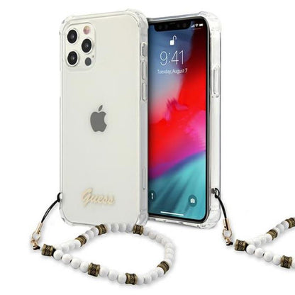 Guess White Pearl dirželis – dėklas „iPhone 12“ / „iPhone 12 Pro“ (skaidrus)