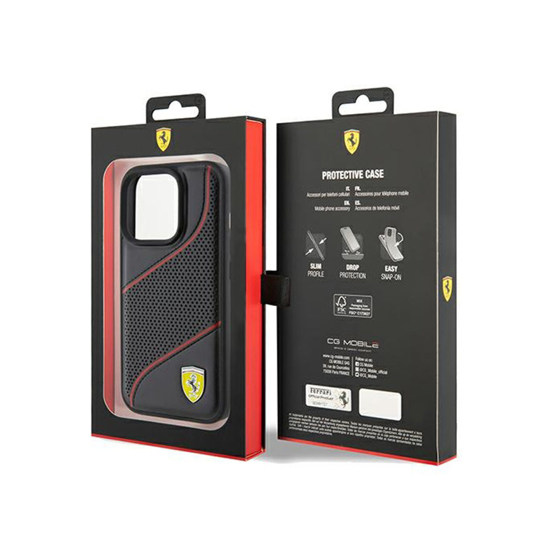 Ferrari Perforated Waves Metal Logo – iPhone 15 Pro dėklas (juodas)
