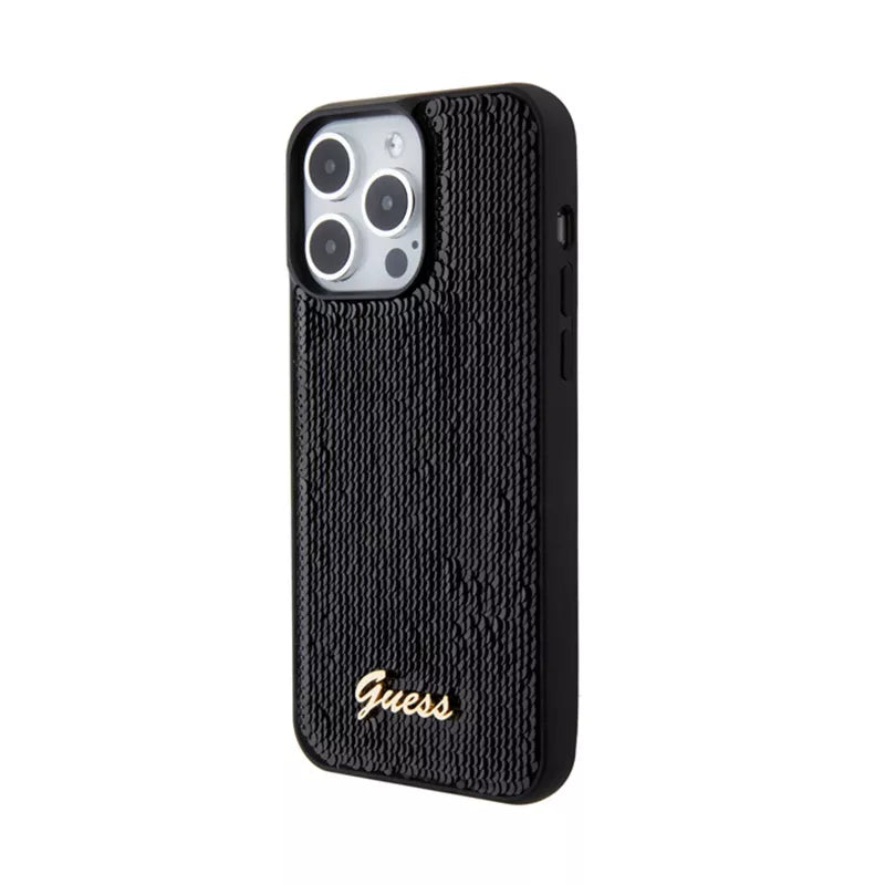 Guess Sequin Script Metal - dėklas skirtas iPhone 15 Pro (juodas)