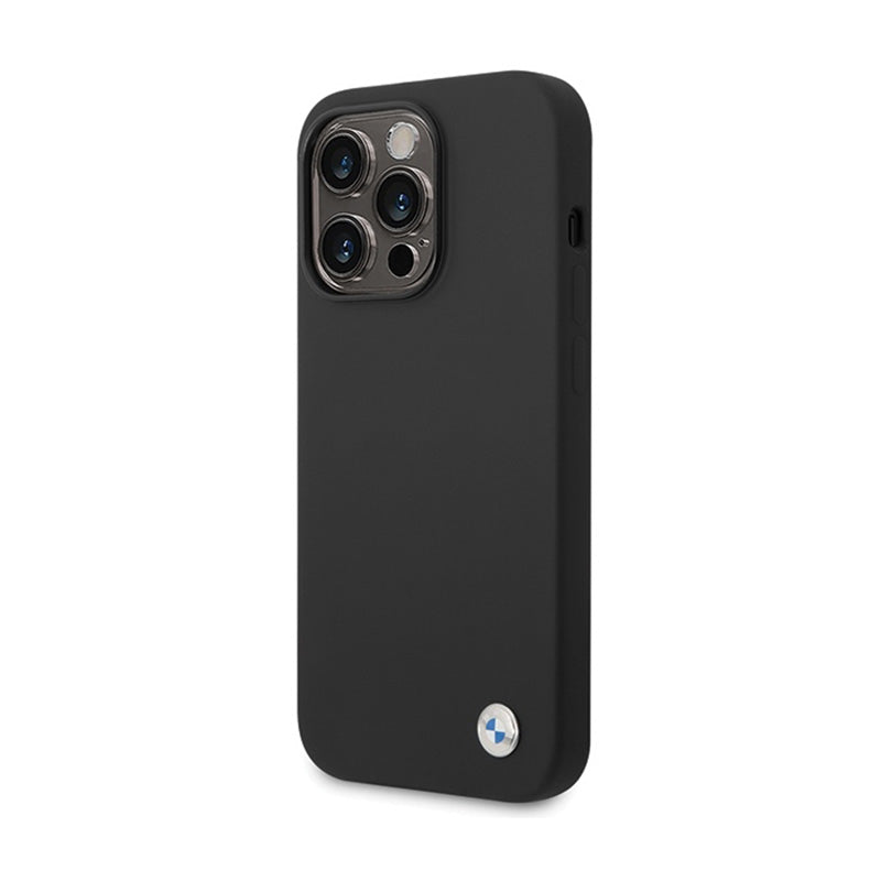 BMW silikono dėklas su metaliniu logotipu – skirtas iPhone 15 Pro Max (juodas)