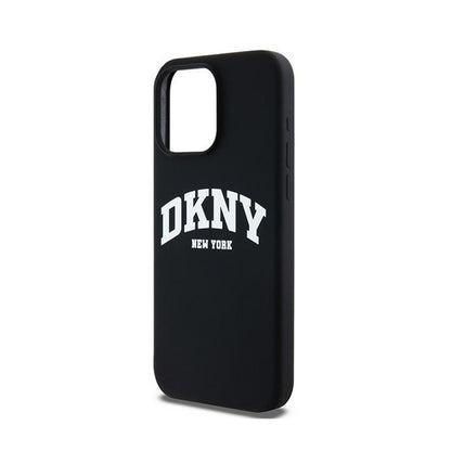 DKNY Skysto silikono dėklas su baltu atspausdintu logotipu ir MagSafe, skirtas iPhone 15 Pro Max (juodas)
