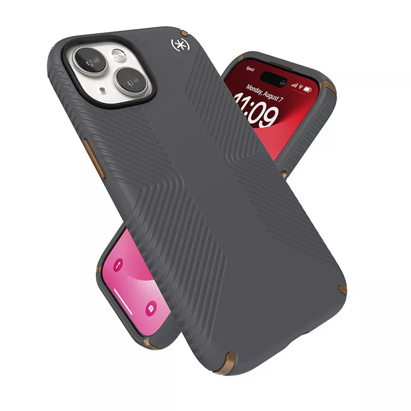 Speck Presidio2 Grip – Dėklas, skirtas iPhone 16e / iPhone 15 / iPhone 15 Pro / iPhone 14 / iPhone 14 Pro / iPhone 14 Pro Max / iPhone 13 / iPhone 13 Pro / iPhone 13 Pro Max / iPhone 13 Mini (Anglies pilkumo / Vėsios bronzos / Baltos)