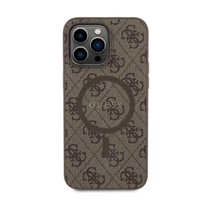 Guess 4G Collection Leather Metal Logo MagSafe - dėklas, skirtas iPhone 15 Pro Max (rudas)