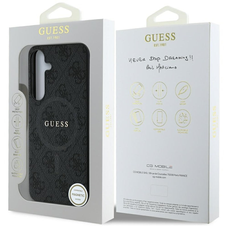 Guess Leather 4G Colored Ring Classic Logo MagSafe – dėklas Samsung Galaxy S25+ (juoda)
