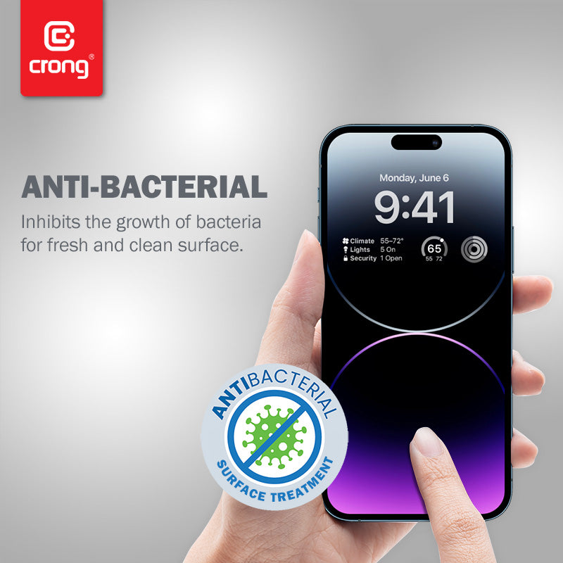 Crong Antibakterinis 3D Armor Glass - 9H grūdintas stiklas visam iPhone 14 Pro Max ekranui + montavimo rėmelis