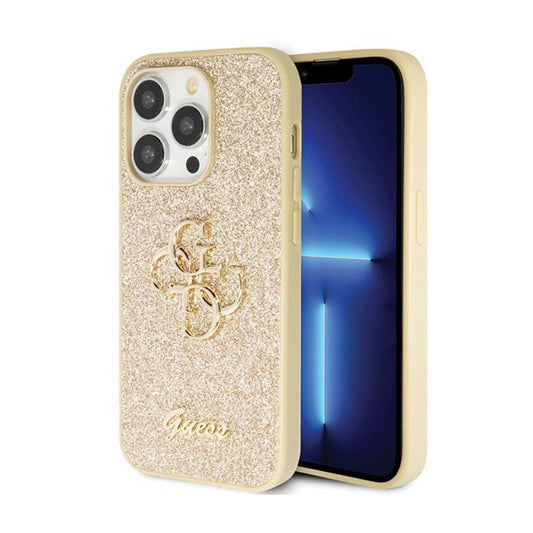 Guess Glitter Script Big 4G – dėklas, skirtas iPhone 14 Pro (auksinis)