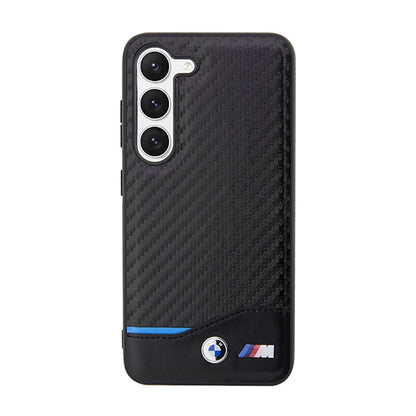 BMW Leather Carbon Blue Line – Dėklas, skirtas Samsung Galaxy S23+ (juodas)