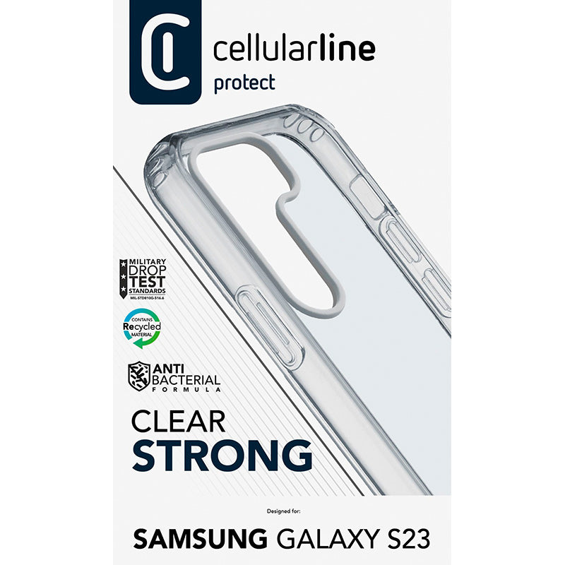 Cellularline Clear Strong - Samsung Galaxy S23 dėklas su antibakterine apsauga (skaidrus)