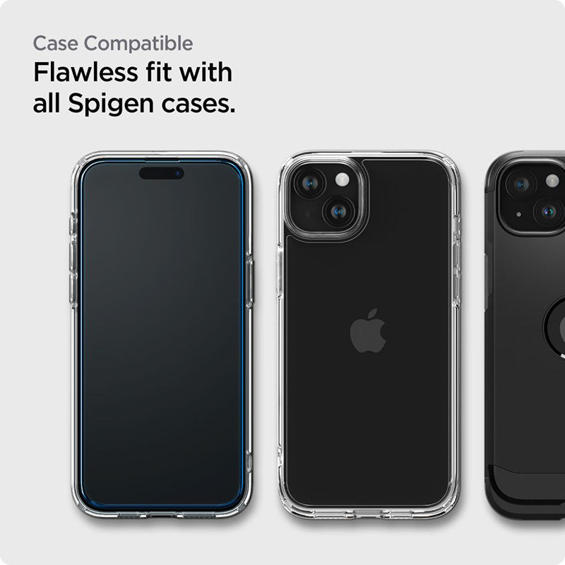 Spigen Alm Glass FC 2-Pack – Grūdintas stiklas iPhone 15 (2 vnt., juodu rėmeliu)