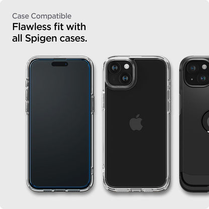 Spigen Alm Glass FC 2-Pack – Grūdintas stiklas iPhone 15 (2 vnt., juodu rėmeliu)