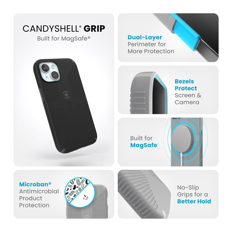 Speck Candyshell Grip MagSafe dėklas - iPhone 17e / 16e / 15 / 14 / 13 (Juodas / Skalūno pilkos)