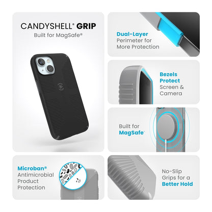 Speck Candyshell Grip MagSafe dėklas - iPhone 17e / 16e / 15 / 14 / 13 (Juodas / Skalūno pilkos)
