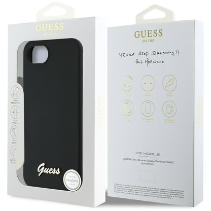 Guess Silicone Script Metal Logo MagSafe – dėklas, skirtas „iPhone 16e“ (juoda)