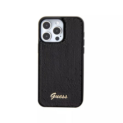 Guess Sequin Script Metal - dėklas skirtas iPhone 15 Pro (juodas)