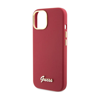 Guess Silicone Script Metal Logo & Frame - iPhone 15 dėklas (purpurinis)