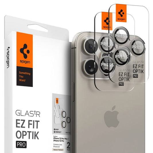 Spigen Optik Pro GLAS.TR EZ Fit kameros apsauga, 2 vnt. - Apsauginis lęšio stiklas, skirtas iPhone 17 Pro / 17 Pro Max / iPhone 15 Pro / 15 Pro Max / iPhone 14 Pro / 14