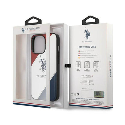 US Polo Assn Tricolor Embossed – Dėklas, skirtas iPhone 14 Pro (Baltas)