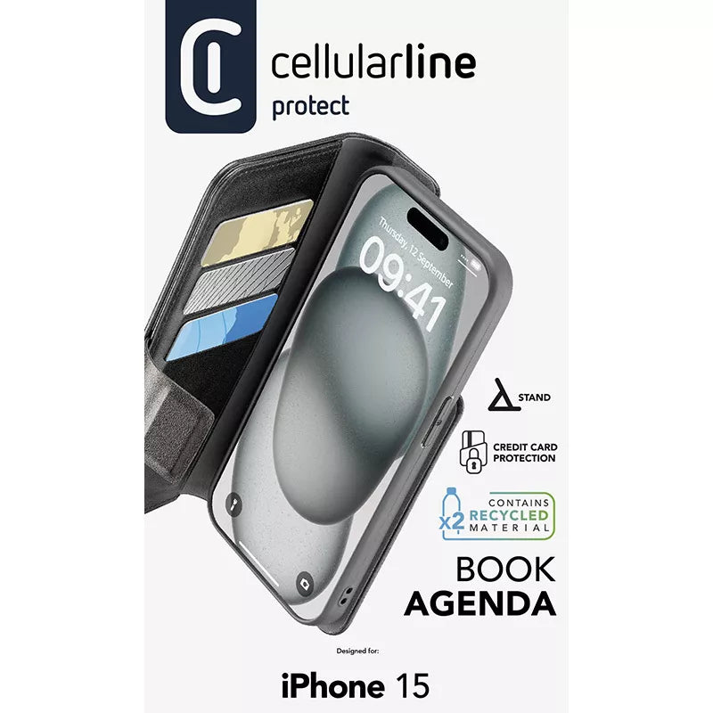 Cellularline Book Agenda – „iPhone 15“ dėklas su „MICROBAN“ danga (juodas)