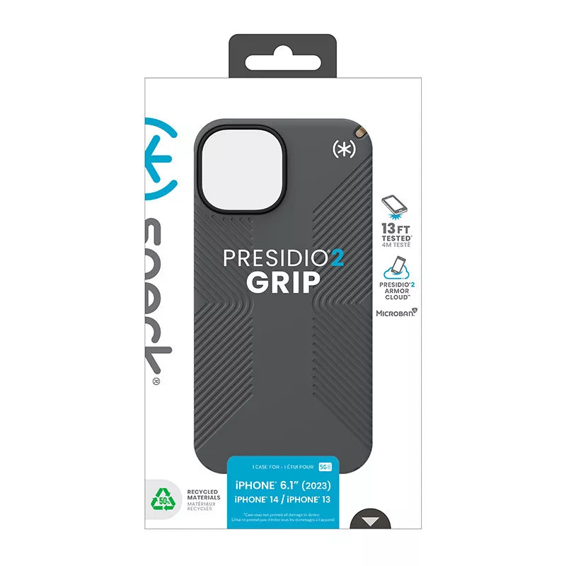 Speck Presidio2 Grip – Dėklas, skirtas iPhone 16e / iPhone 15 / iPhone 15 Pro / iPhone 14 / iPhone 14 Pro / iPhone 14 Pro Max / iPhone 13 / iPhone 13 Pro / iPhone 13 Pro Max / iPhone 13 Mini (Anglies pilkumo / Vėsios bronzos / Baltos)