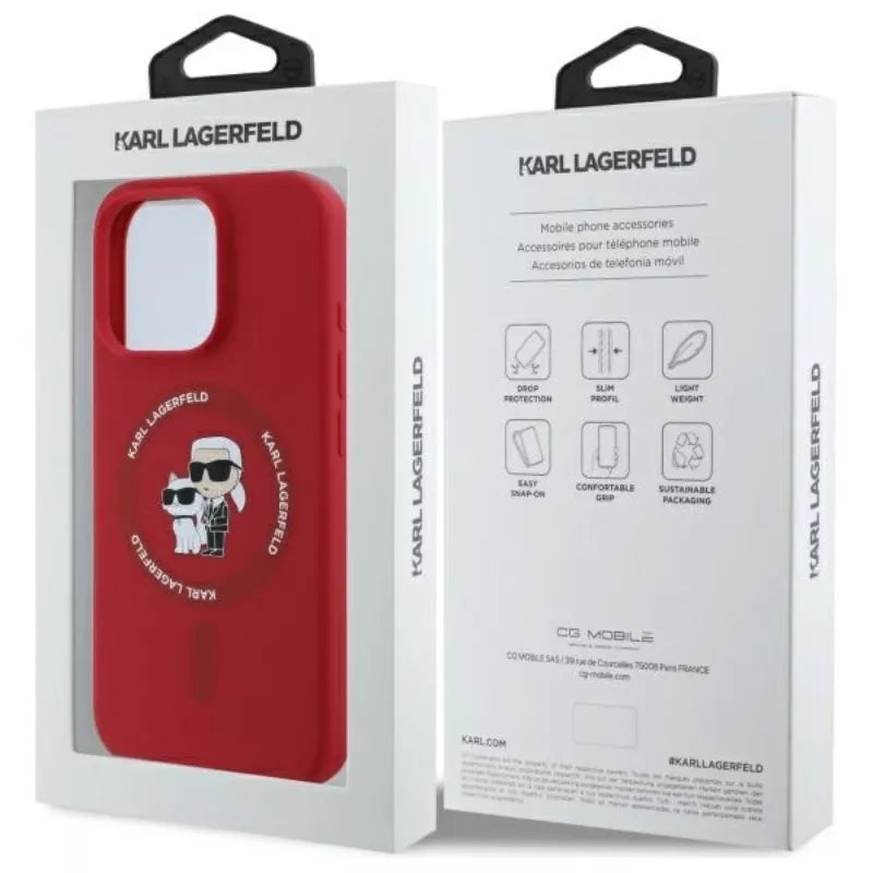 Karl Lagerfeld Silicone Karl & Choupette Ring MagSafe – dėklas iPhone 16 Pro (raudonas)