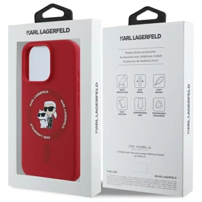 Karl Lagerfeld Silicone Karl & Choupette Ring MagSafe – dėklas iPhone 16 Pro (raudonas)