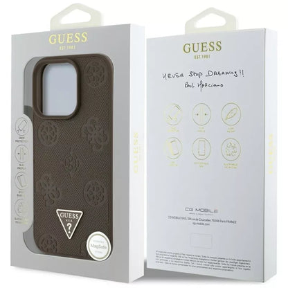 Guess Grained Hot Stamp Peony Triangle Logo MagSafe – dėklas, skirtas iPhone 16 Pro (rudas)