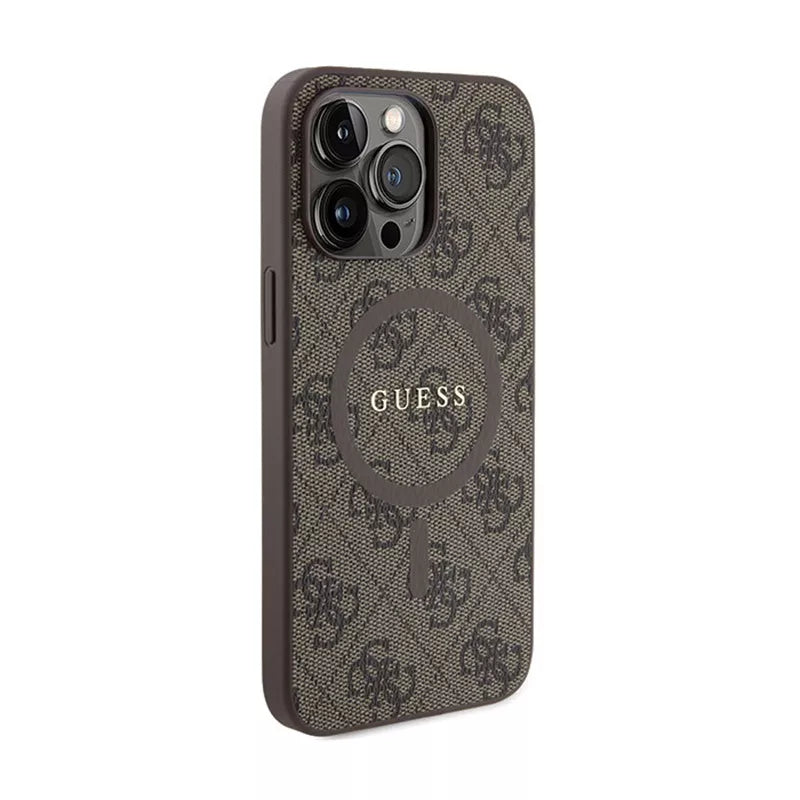 Guess 4G Collection Leather Metal Logo MagSafe - dėklas, skirtas iPhone 15 Pro Max (rudas)