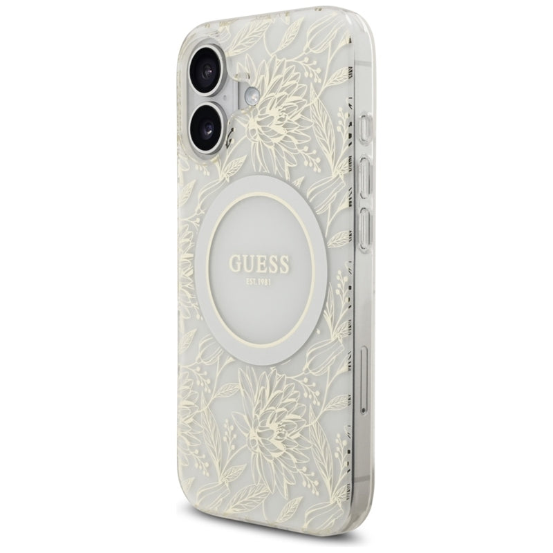 Guess IML Gėlės Elektrinis Perlų Dirželis MagSafe dėklas iPhone 17 (baltas)