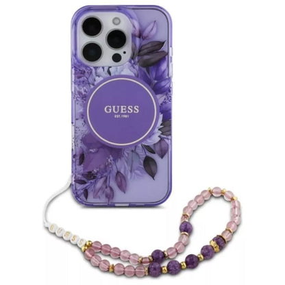 Guess IML Gėlės su perlo dirželiu MagSafe dėklas, skirtas iPhone 16 Pro (Violetinė)