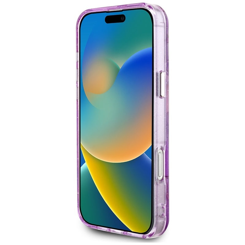 Guess Glitter Flowers Triangle Buttons MagSafe dėklas iPhone 16 Pro (violetinė)