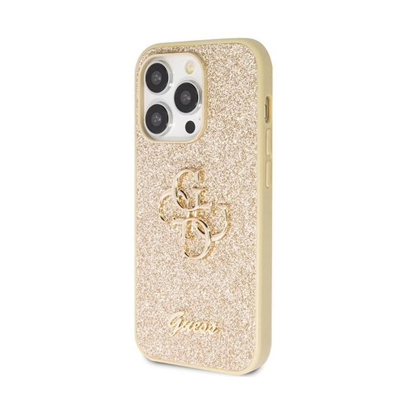 Guess Glitter Script Big 4G – dėklas, skirtas iPhone 14 Pro (auksinis)