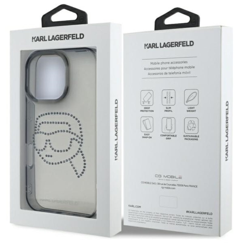 Karl Lagerfeld IML Rhinestones Karl Head – dėklas, skirtas iPhone 16 Pro Max (juodas)