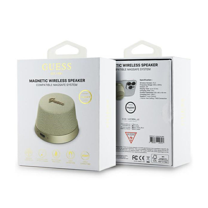 Guess magnetinis „Script“ metalinis logotipas – „Bluetooth“ garsiakalbis V5.3 (auksinis)