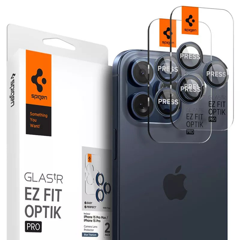 Spigen Optik Pro GLAS.TR EZ Fit fotoaparato apsauga, 2 vnt. – objektyvo apsauginis stiklas, skirtas "iPhone 15 Pro" / "iPhone 15 Pro Max" / "iPhone 14 Pro" / "iPhone 14 Pro Max" (2 vnt.)