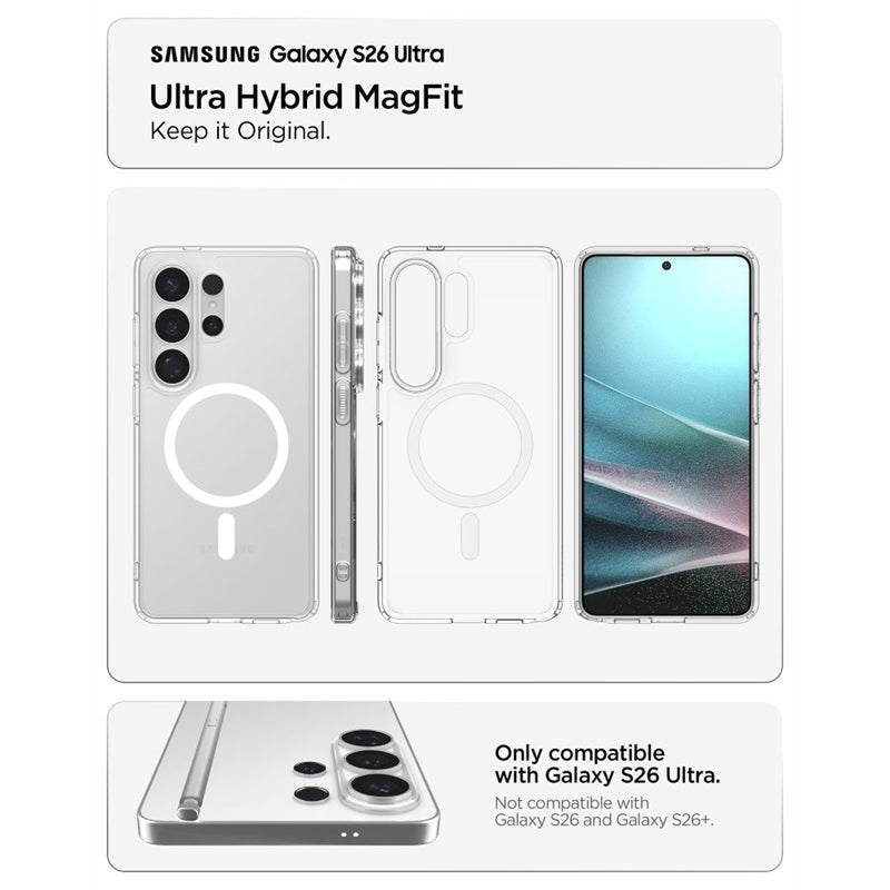 Spigen Ultra Hybrid Mag MagSafe dėklas, skirtas Samsung Galaxy S26 Ultra (Skaidrus/Baltas)